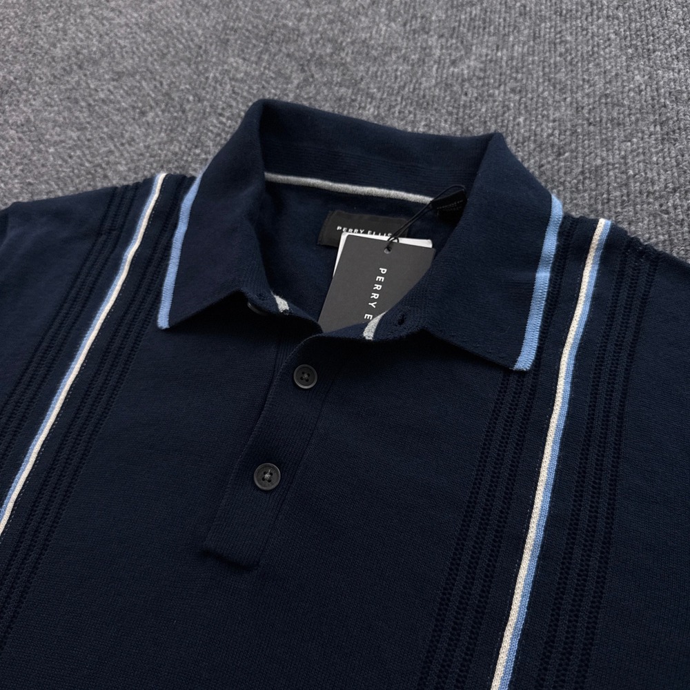 Perry Ellis Knit Polo Sweater Mens L Navy Striped Pointelle Cotton Camp Collar